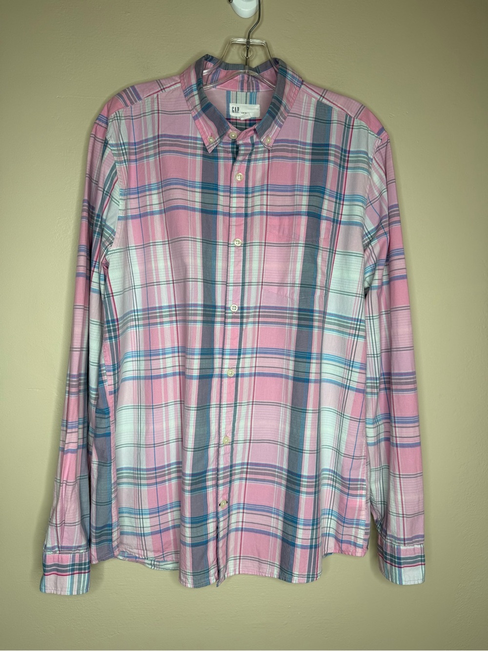 Gap Slim Fit Pink Plaid Button-Down Shirt Size Large